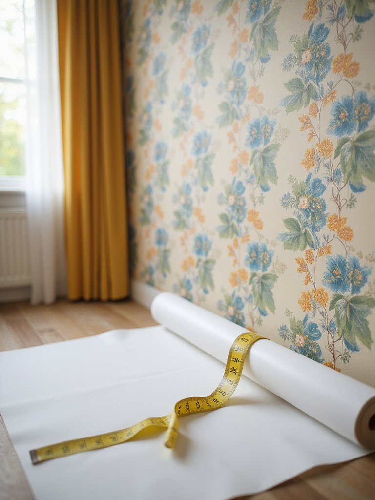 Interior scene of living room with measuring tape and wallpaper roll