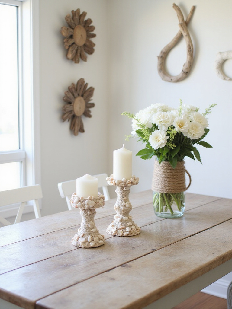 Serene coastal kitchen with DIY accents showcasing handmade decor pieces.