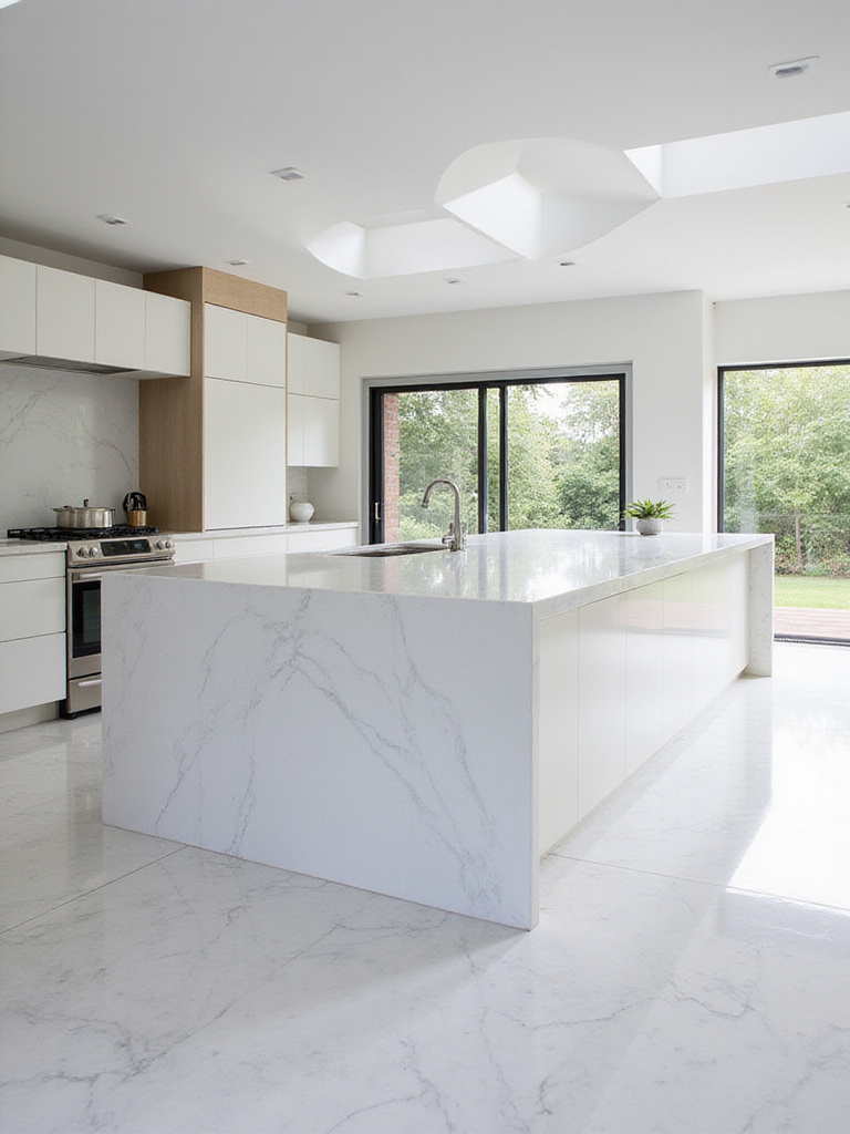 A modern kitchen featuring a waterfall bar design with white quartz countertop extending to the floor.