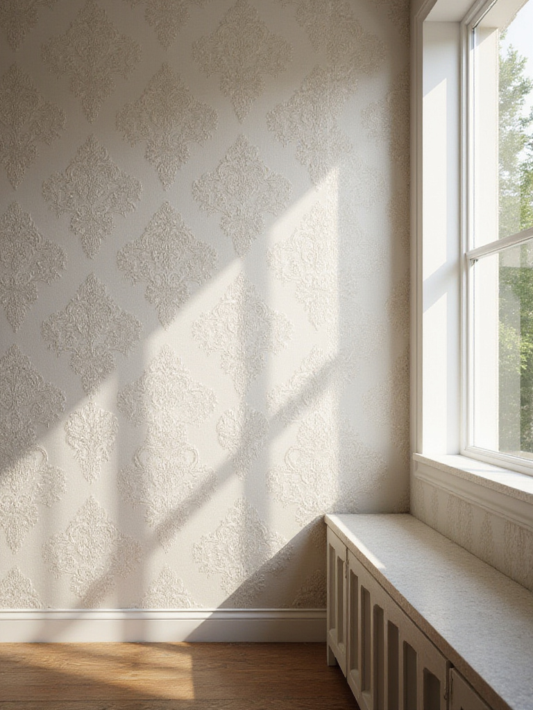 Textured embossed wallpaper accent wall in a luxurious living room