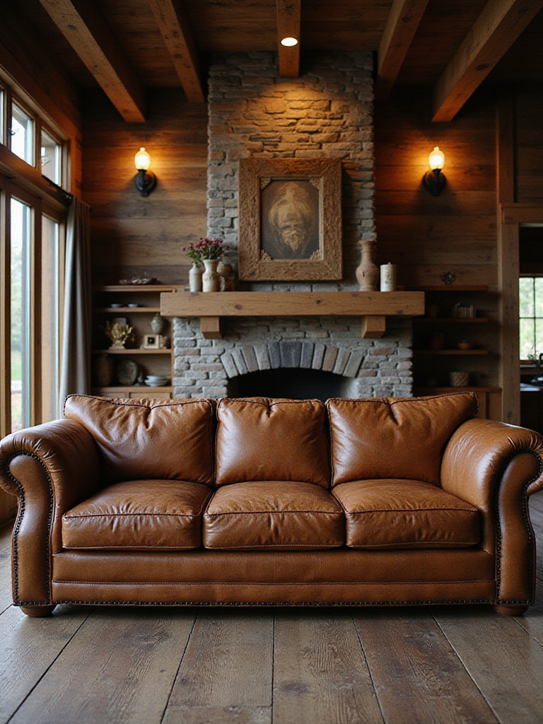 Rustic living room with distressed leather sofa and reclaimed wood accents.