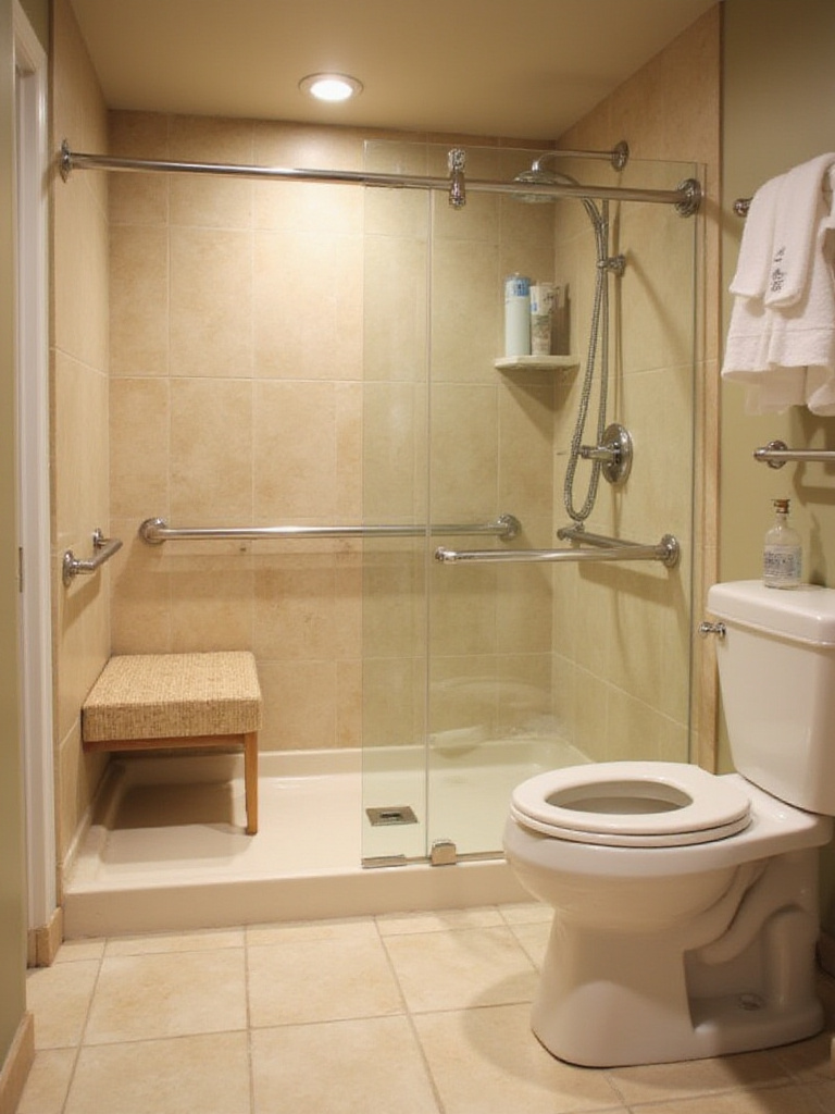 A modern bathroom designed with accessibility features, including a curbless shower and comfort-height fixtures.