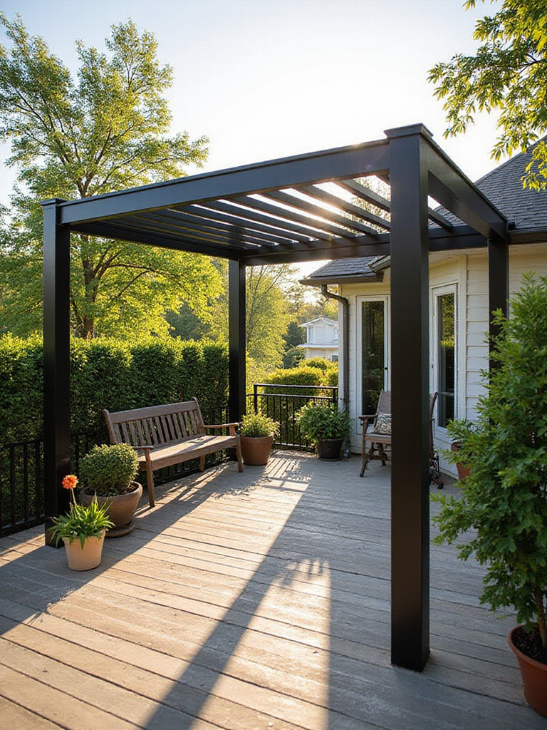 Modern pergola with adjustable louvered blades over a stylish deck surrounded by greenery