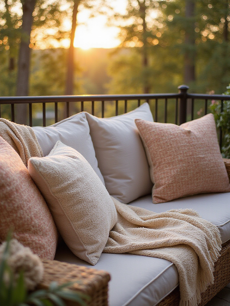 Cozy balcony with decorative throw pillows and blankets