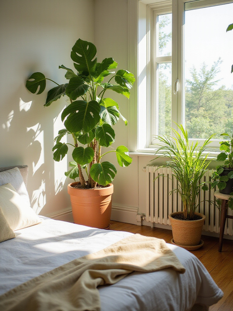 Serene bedroom with greenery and a Fiddle Leaf Fig plant