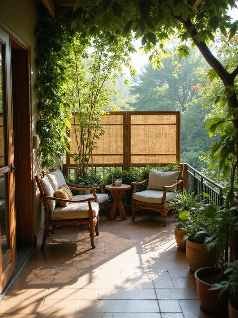 A peaceful balcony with bamboo privacy screens and climbing plants, illuminated by soft morning light.