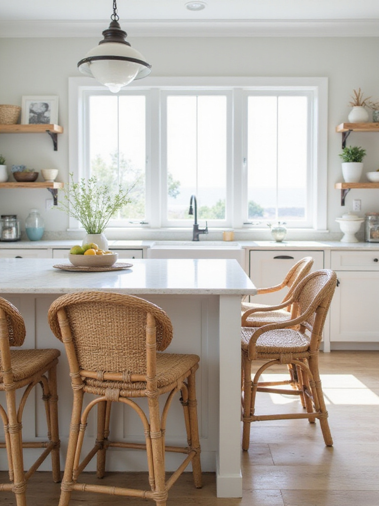 Coastal kitchen featuring rattan bar stools around a marble island.