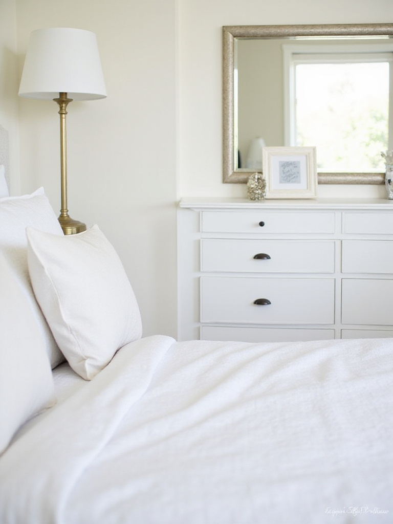 A serene white bedroom showcasing subtle metallic accents like a brushed brass lamp and polished chrome mirror.