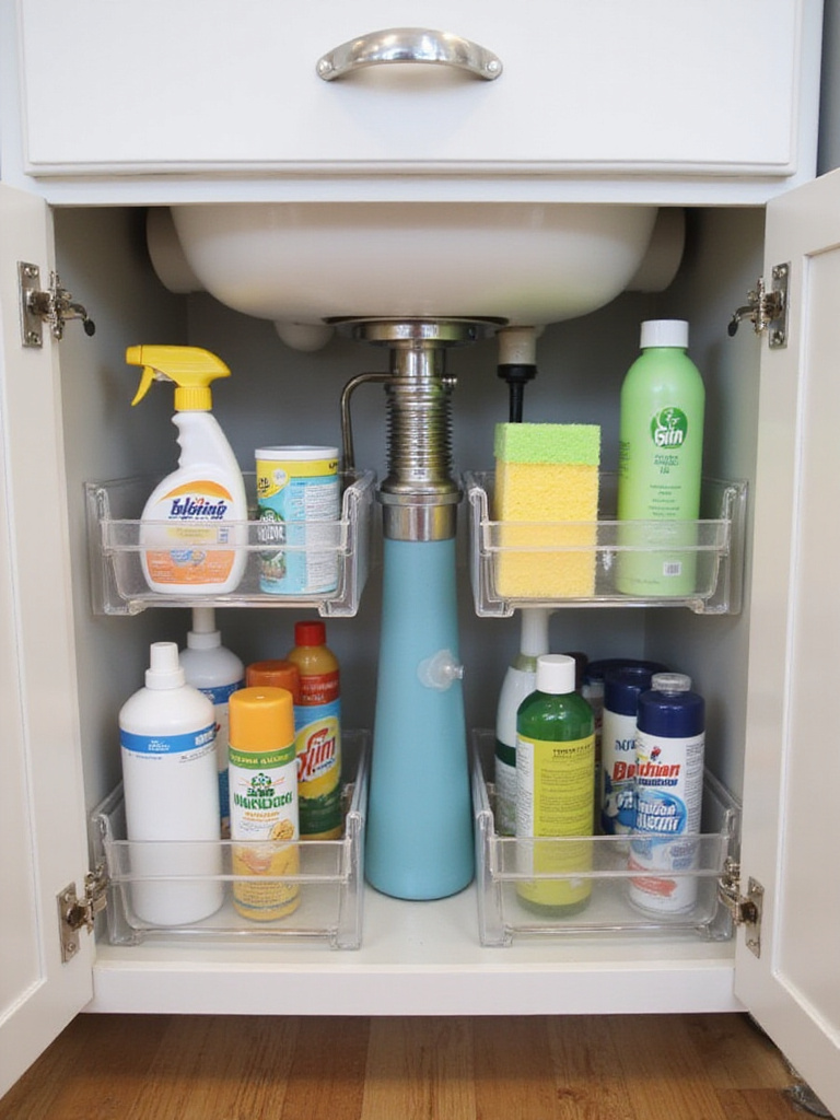 Organized under-sink cabinet with tiered organizers for cleaning supplies