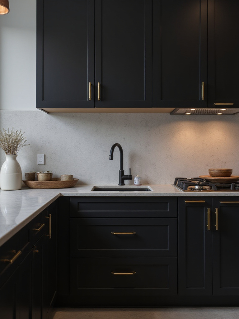 Elegant black kitchen cabinetry with brass and copper hardware accents
