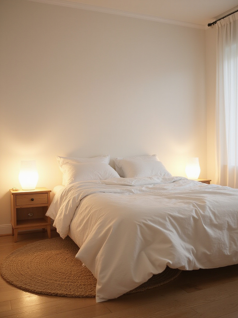 A cozy white bedroom illuminated by warm LED lighting, creating a relaxing atmosphere.