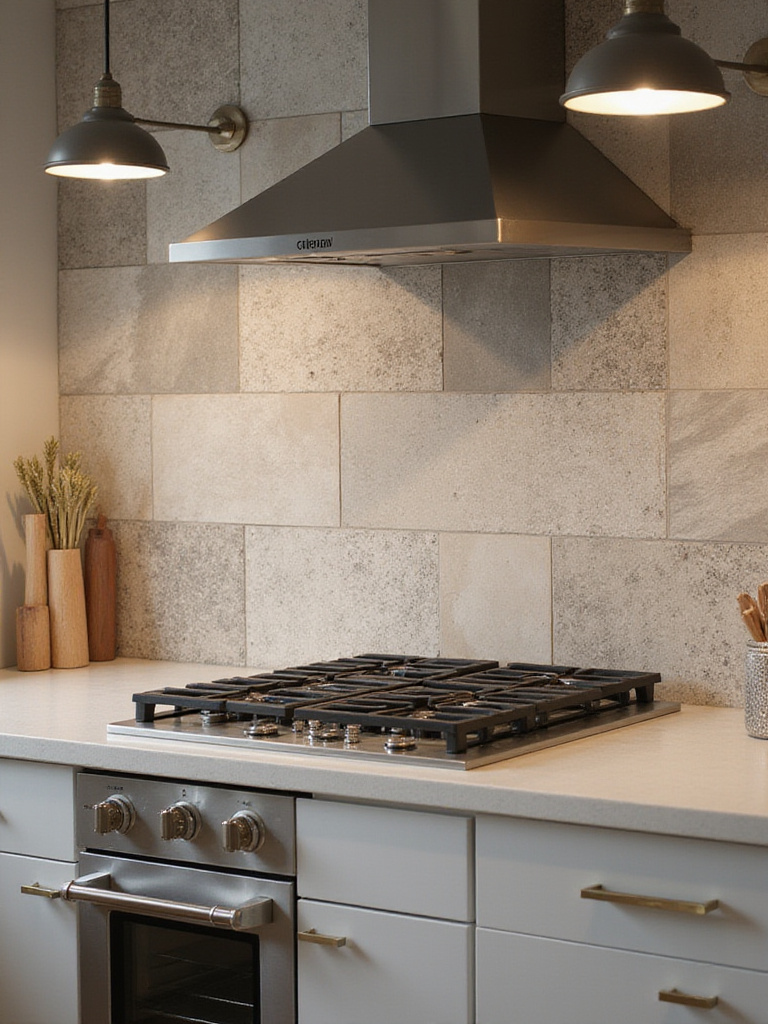 Modern kitchen featuring a statement backsplash with intricate porcelain tiles