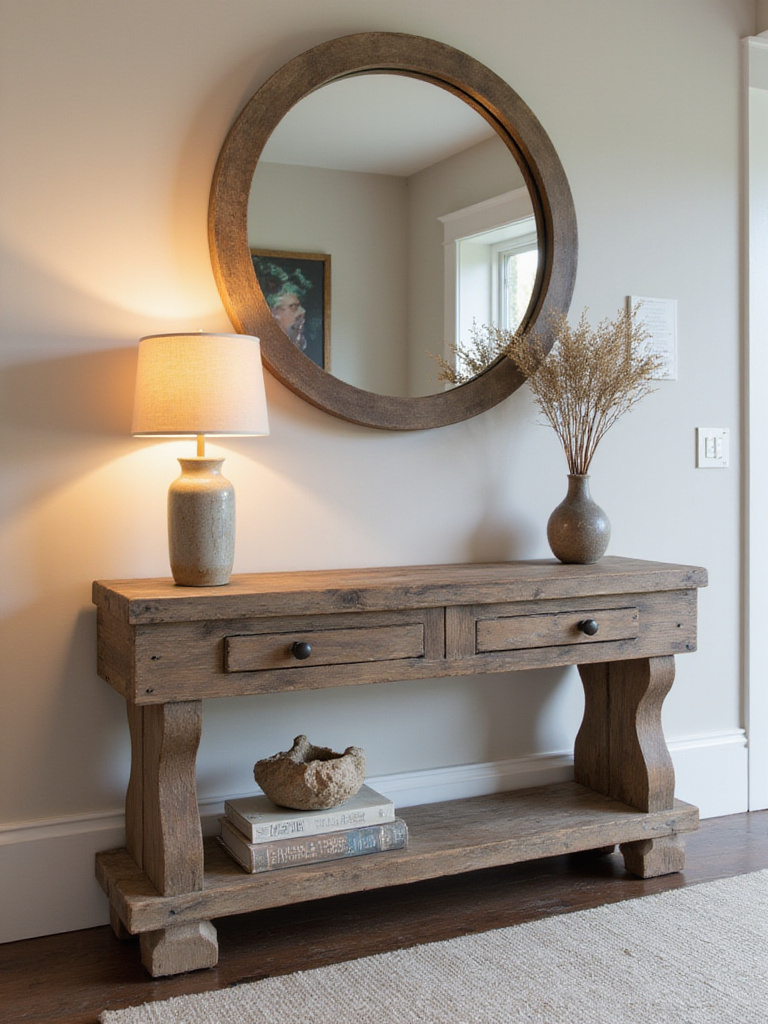 Rustic console table in an entryway with decorative elements.