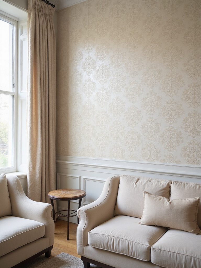 Living room with smooth wallpaper accent wall, no visible bubbles or seams.