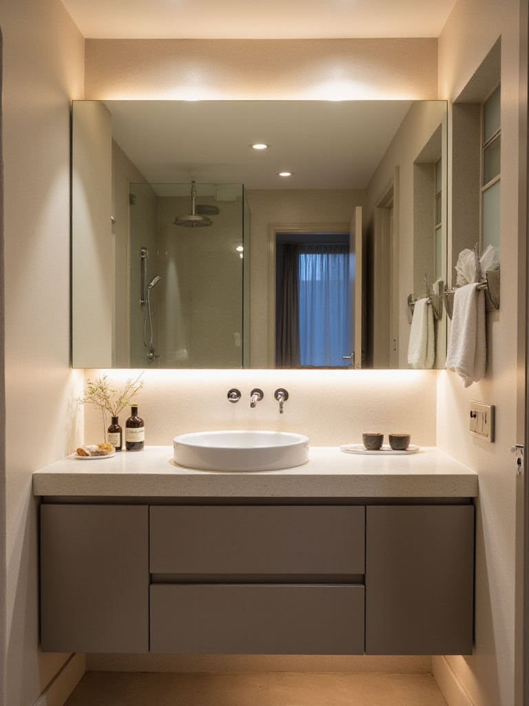 A small bathroom featuring a large frameless mirror above a modern vanity, creating an illusion of space.