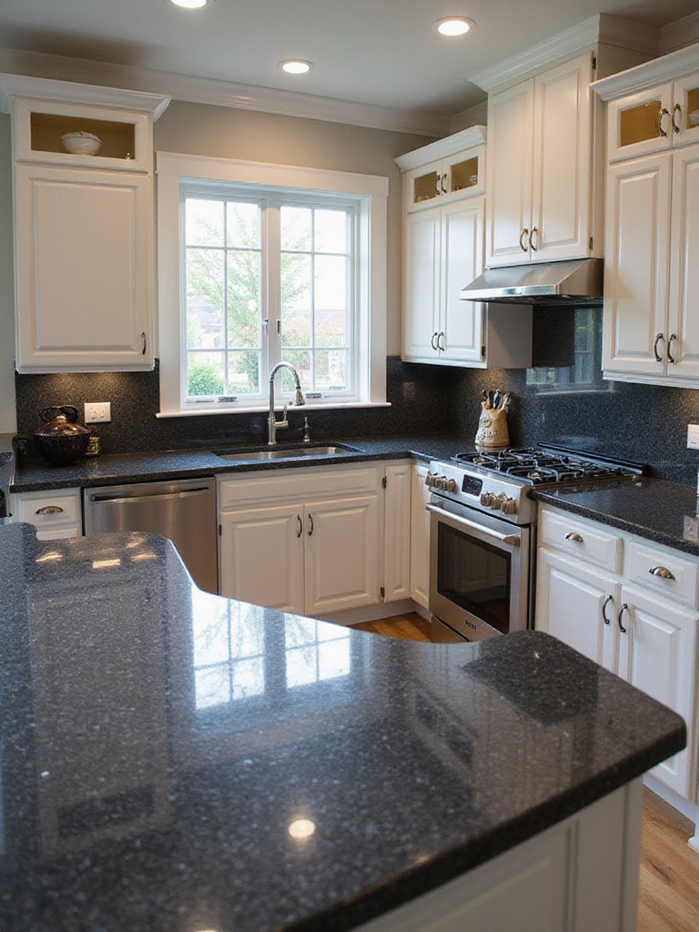 Luxurious black kitchen featuring black granite or quartz countertops with warm lighting.