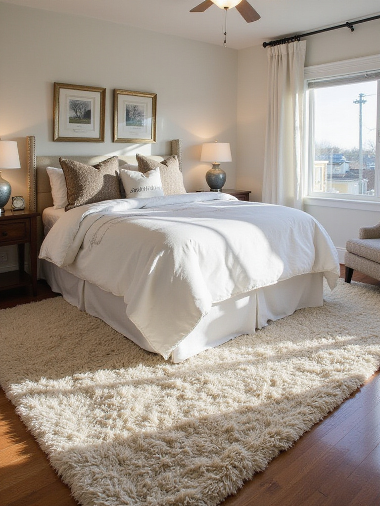 Cozy area rug under a king-sized bed in a beautifully styled bedroom.