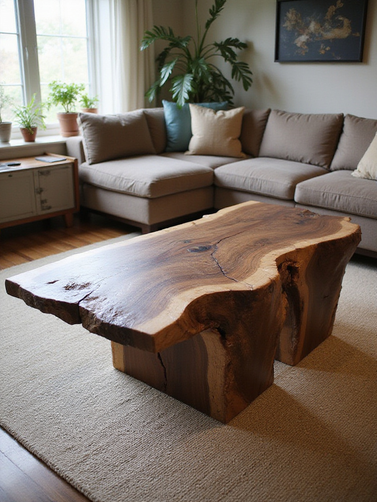 A rustic living room with a unique live-edge wood coffee table as the centerpiece.
