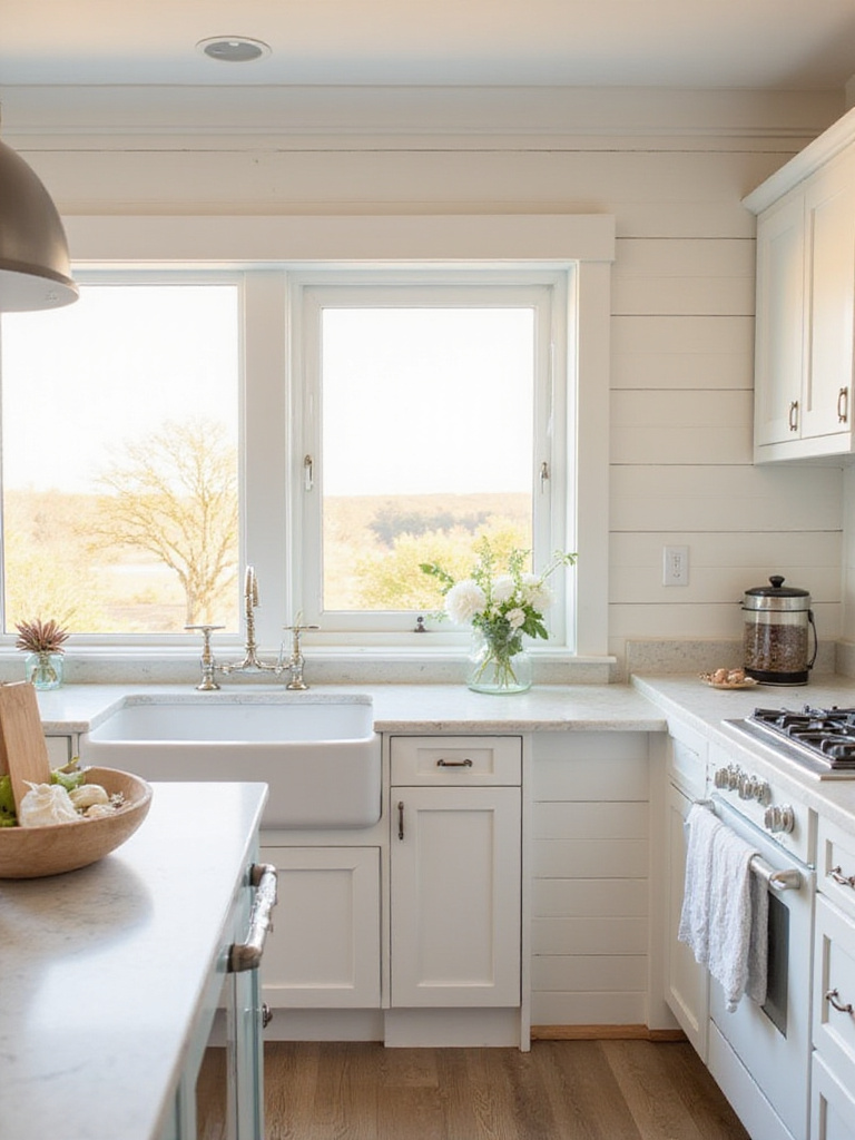 Coastal kitchen with shiplap wall paneling illuminated by morning light