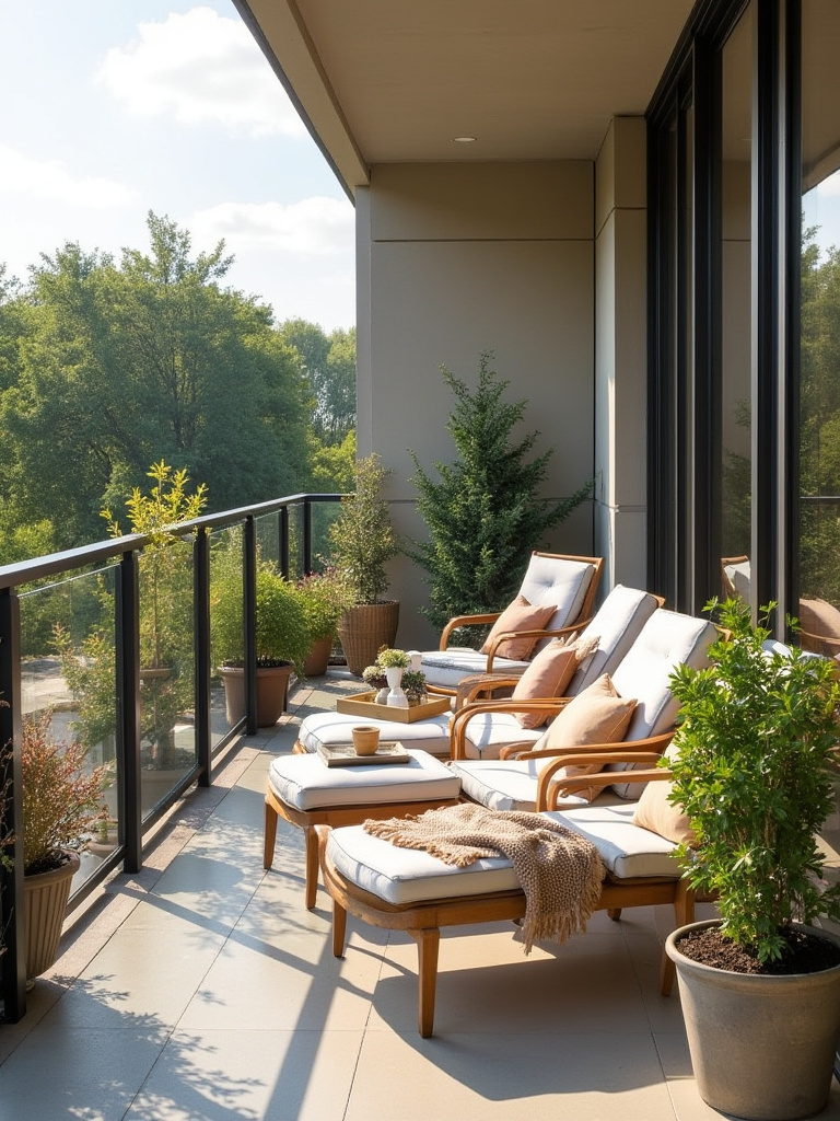 Beautiful balcony with outdoor furniture arranged safely according to weight limits