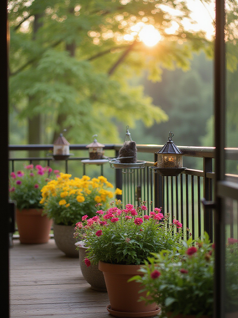 A cozy balcony with bird feeders and native flower planters, capturing the essence of attracting local wildlife.