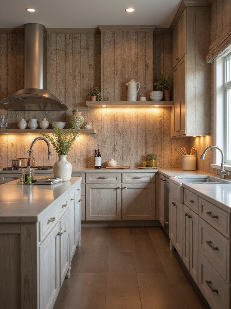 A cozy kitchen with faux finish wallpaper that looks like rustic wood.