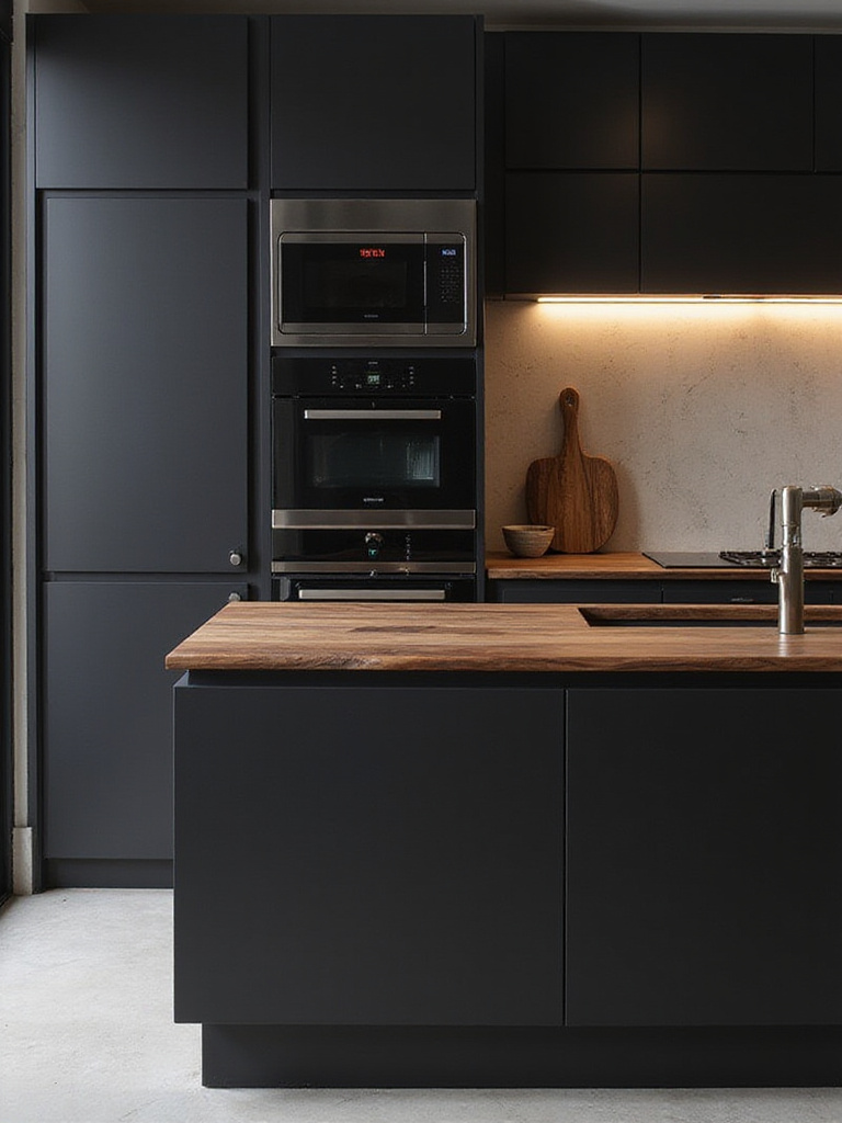 Modern kitchen with bold black cabinetry and warm wood accents, featuring a walnut countertop.