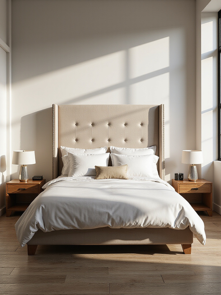 Stylish bedroom with balanced furniture heights, showcasing a tall headboard and mid-height nightstands.