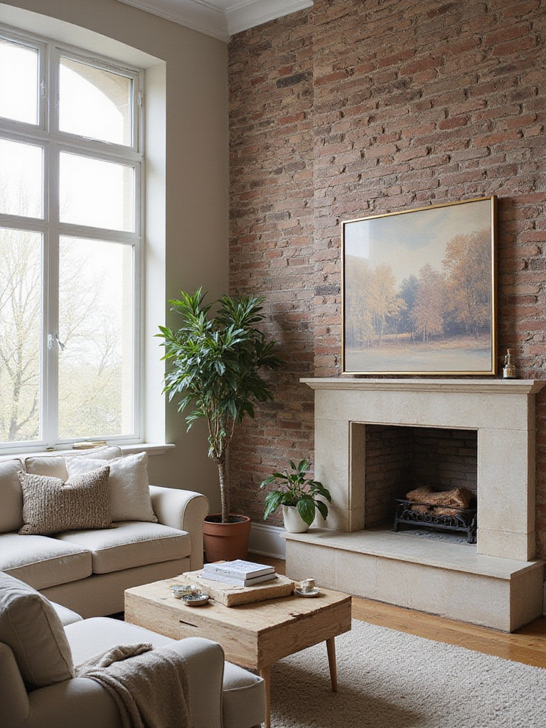 Living room with wallpaper accent wall showcasing architectural features