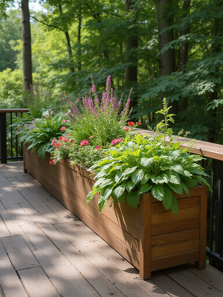 Deck integrated with lush built-in planters full of greenery