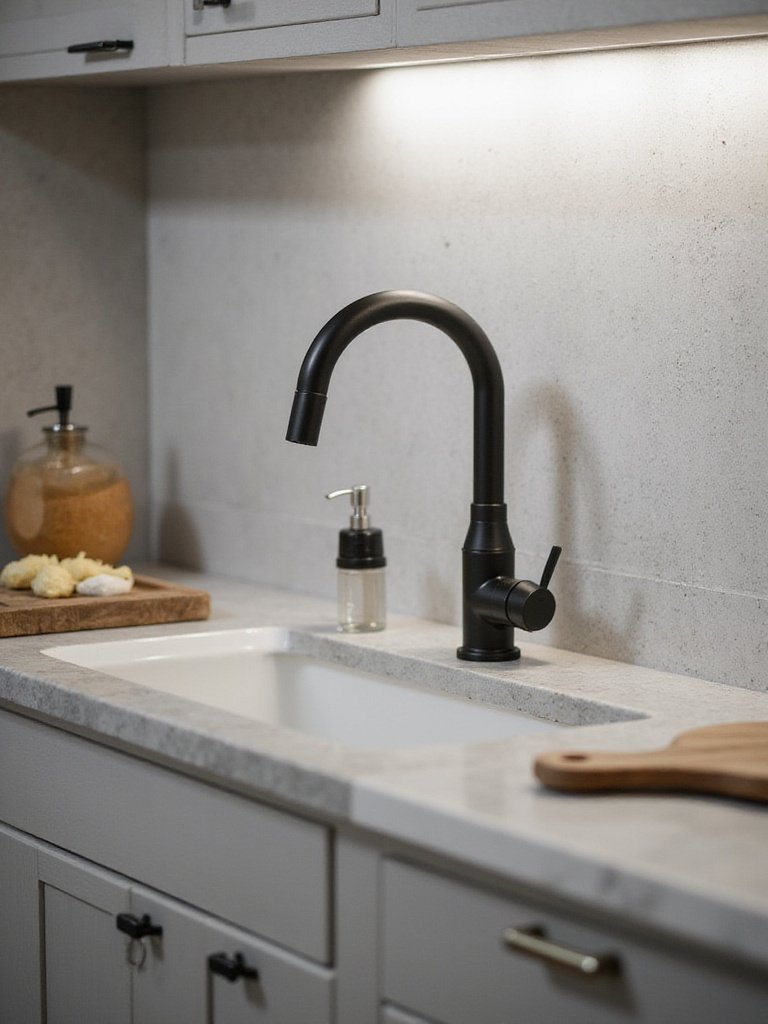 Modern kitchen sink with stylish faucet and organized accessories