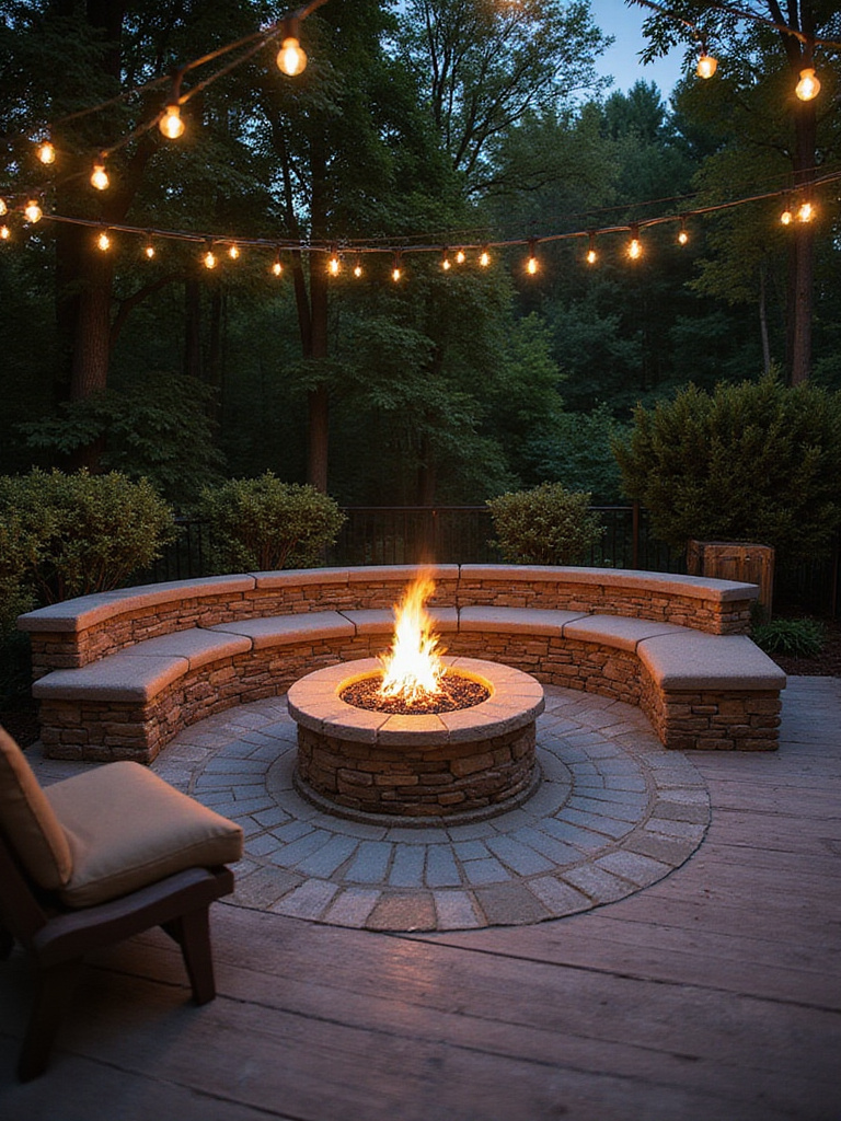 Beautiful deck with a built-in fire pit, stone seating, and ambient lighting.