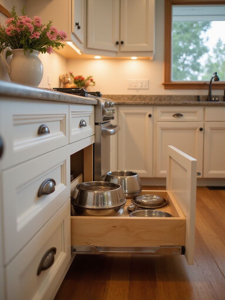 Custom-built toe-kick drawers in a stylish kitchen, showcasing flat items neatly stored away.