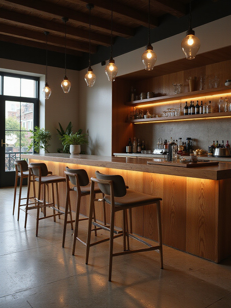 Modern kitchen bar with spacious seating arrangement and warm lighting