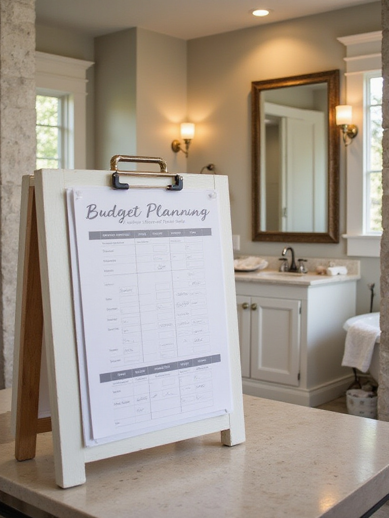 A stylish bathroom with a budget planning board in focus, showcasing elegant fixtures and finishes.