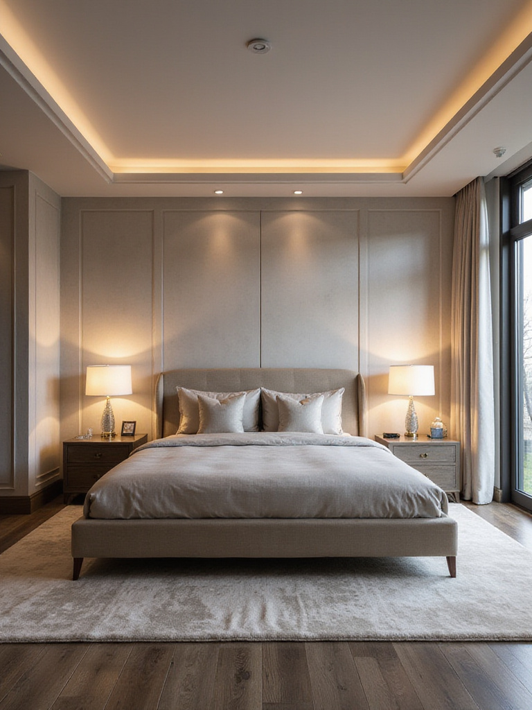 A modern bedroom layout with the bed centered against the longest wall, featuring elegant decor and warm lighting.