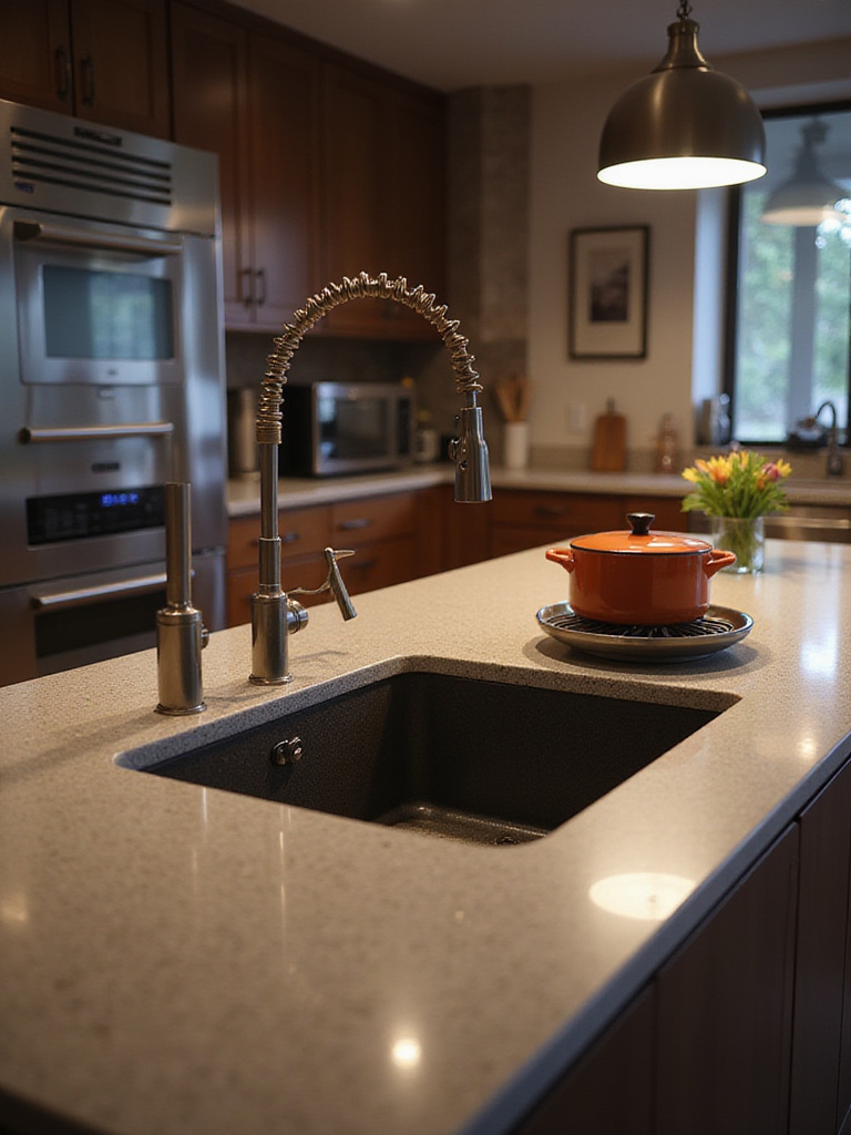 Modern granite composite kitchen sink showcasing heat resistance with a hot pot on a trivet