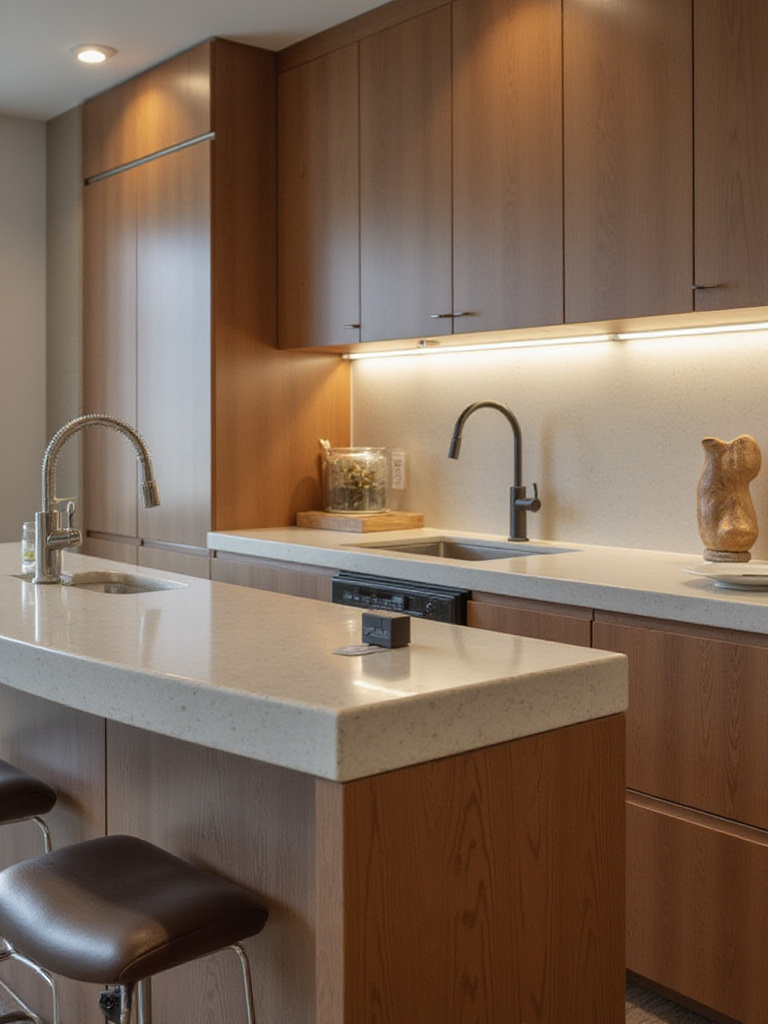 Modern kitchen bar designed for dining, work, and entertaining with quartz countertop and ambient lighting.