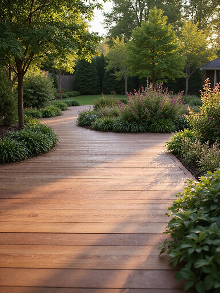 A luxurious composite deck surrounded by a vibrant garden, showcasing low-maintenance outdoor living.