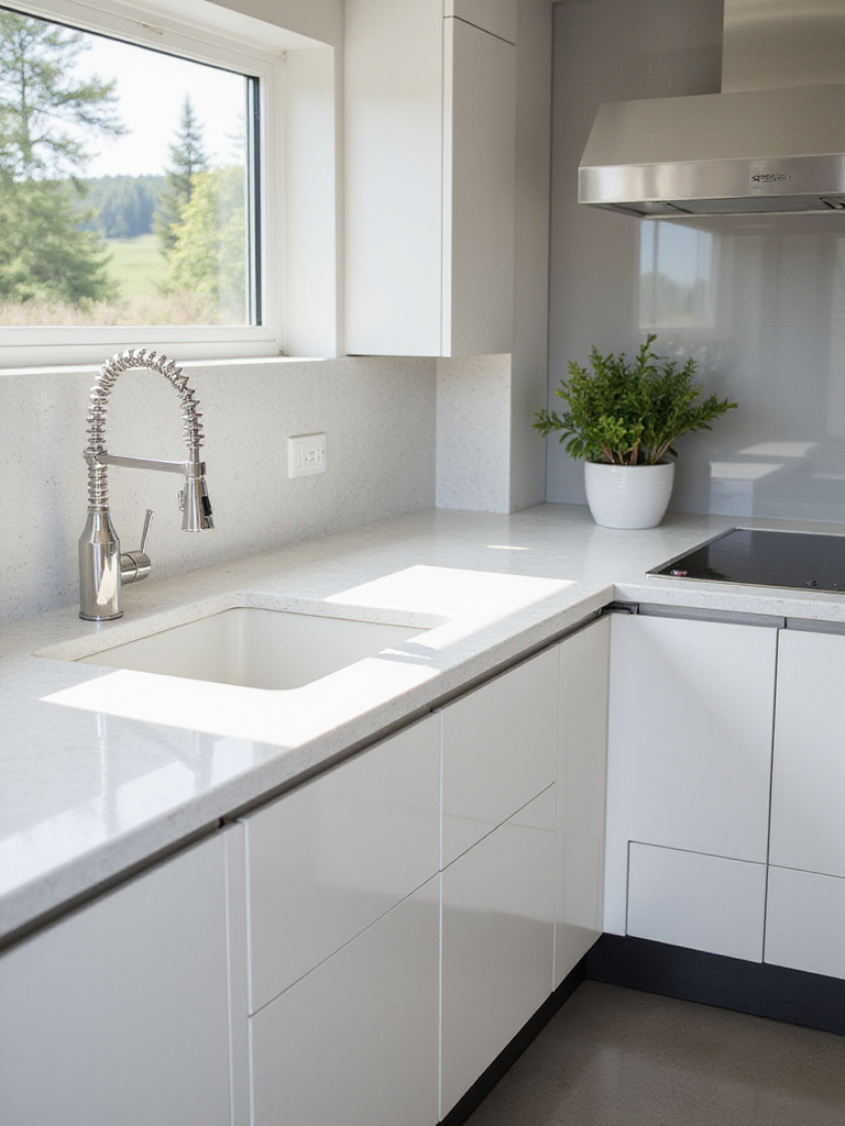 Modern kitchen featuring durable, low-maintenance countertops made of quartz and porcelain.