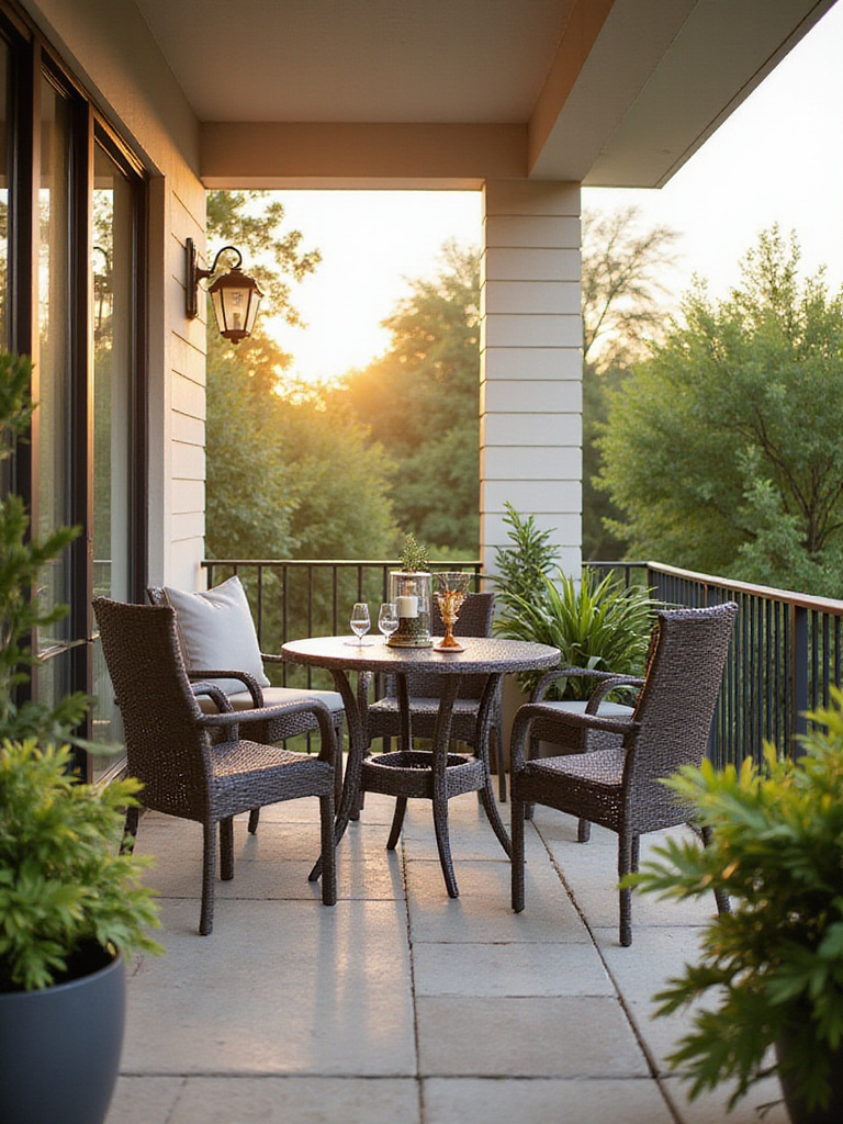 A stylish balcony with durable, weather-resistant furniture surrounded by greenery.