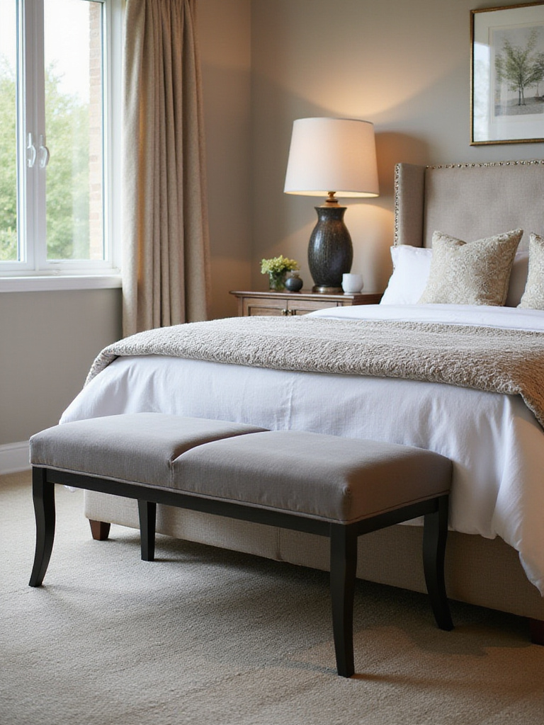 A stylish multi-functional bench at the foot of a bed in a beautifully designed bedroom.