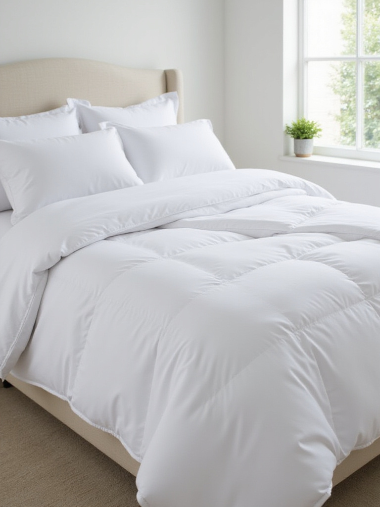 A serene bedroom with a king-sized bed dressed in crisp white hotel-style linens, exuding luxury and comfort.