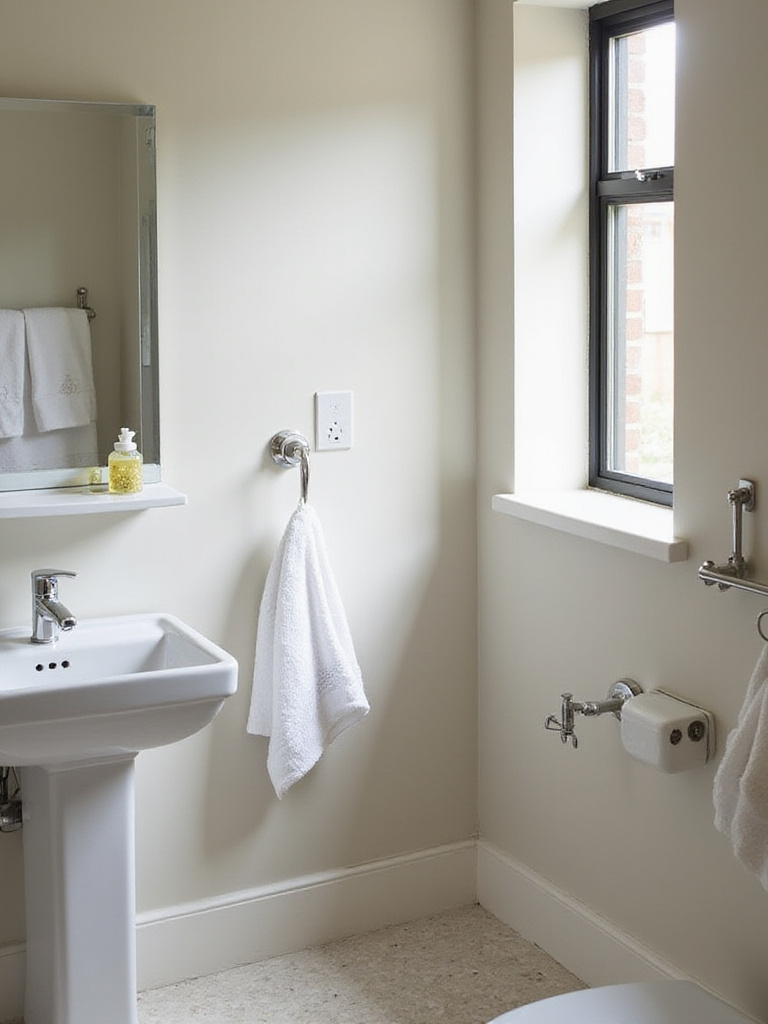 Small bathroom showcasing multi-functional accessories and fixtures