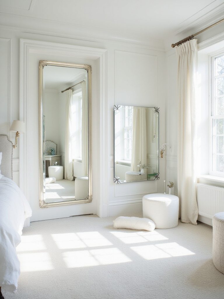 Bright white bedroom with strategically placed mirrors reflecting light and creating an open feel.