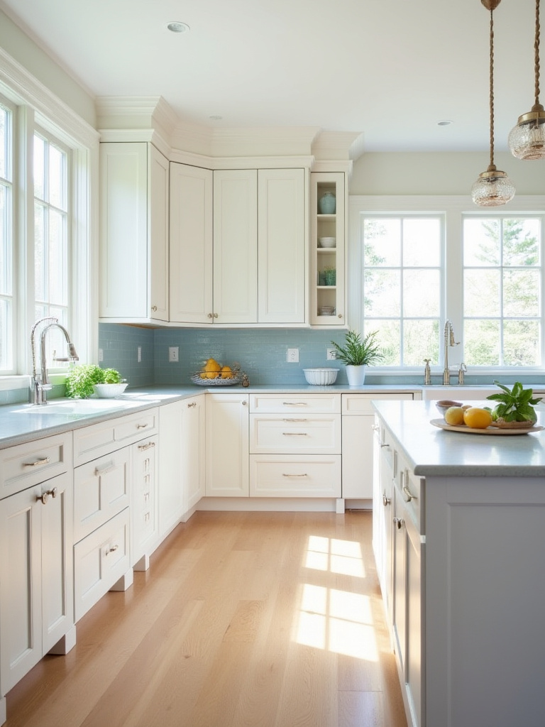 Serene coastal kitchen showcasing Shaker cabinets in white with natural light.