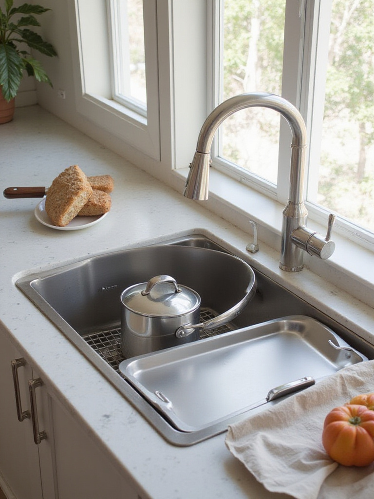 Modern kitchen showcasing a large single bowl sink with oversized cookware