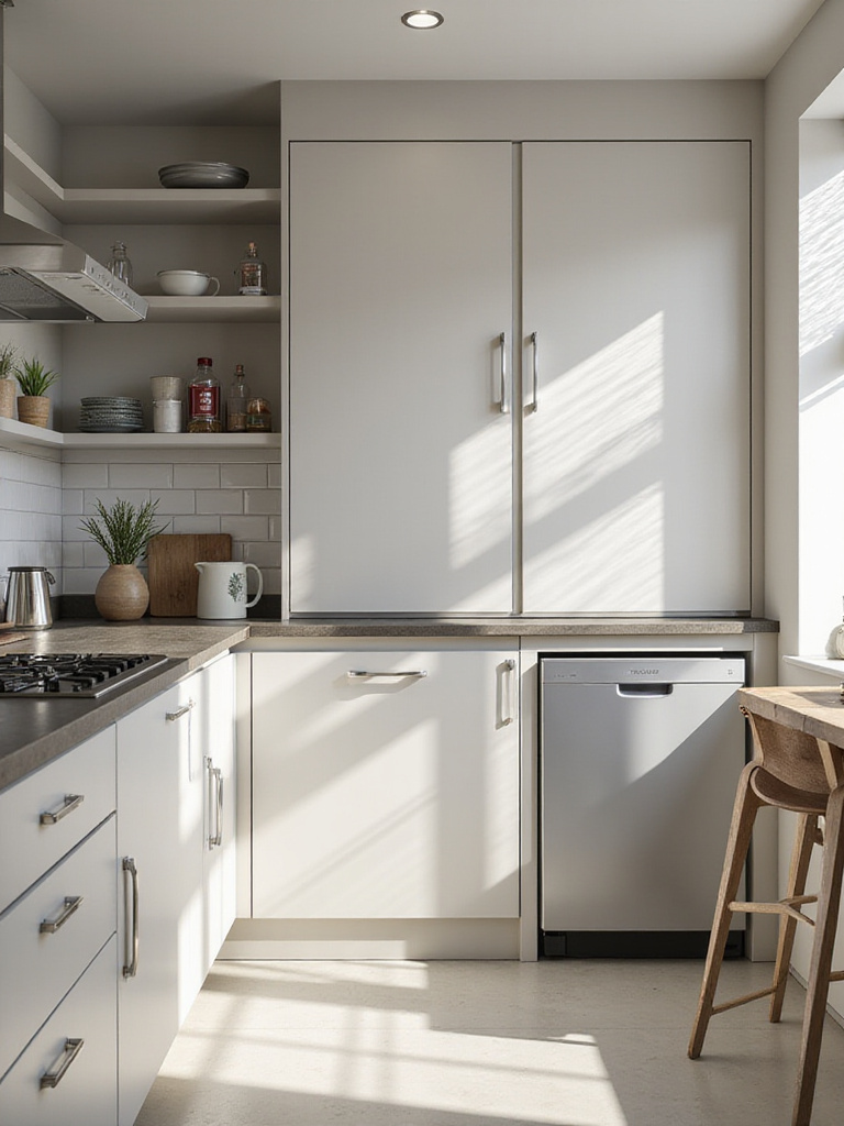 A modern kitchen featuring slimline appliances, including a compact dishwasher and under-counter fridge, designed for small spaces.