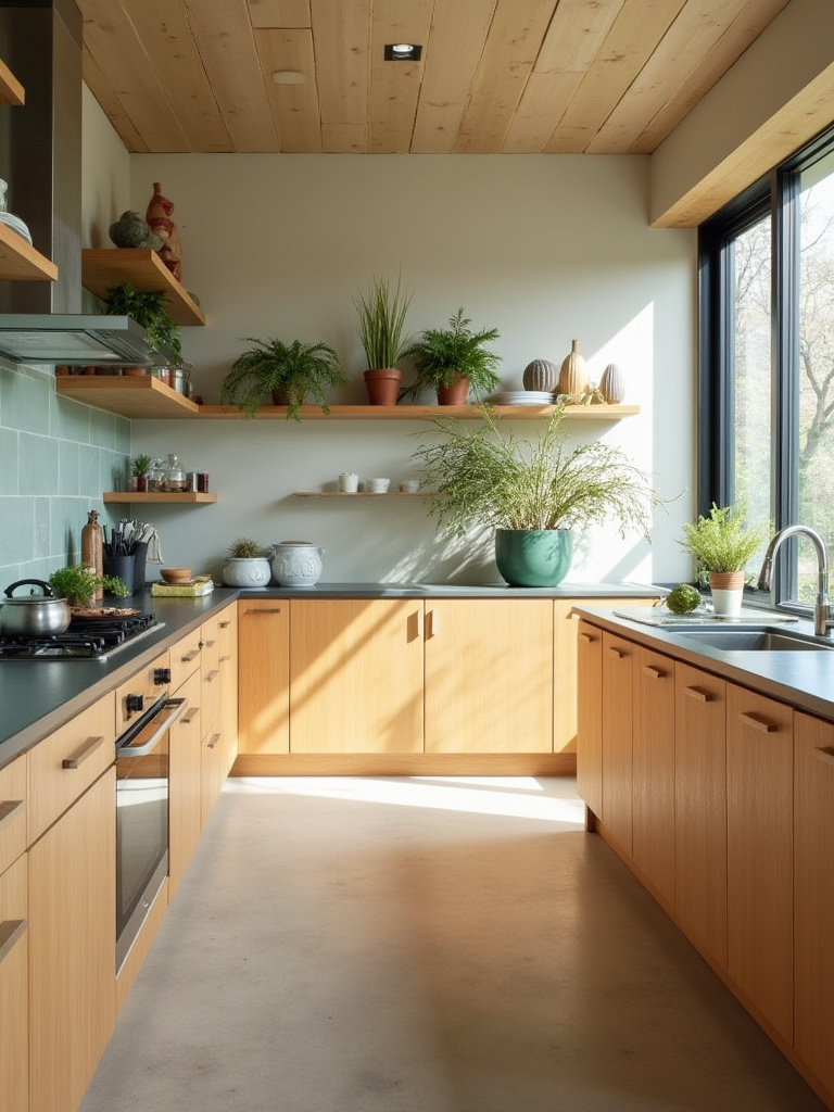 Modern kitchen interior with sustainable materials like bamboo and recycled glass.