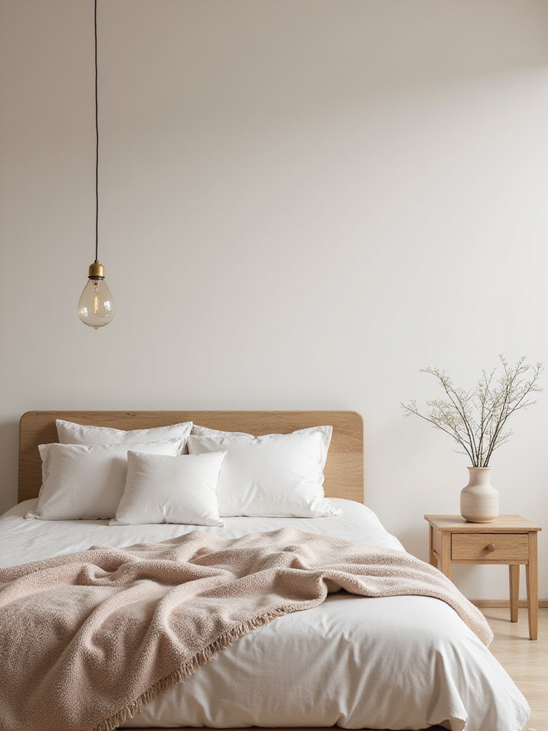 A serene Scandinavian bedroom with cohesive design elements including light wood furniture and soft pastel colors.